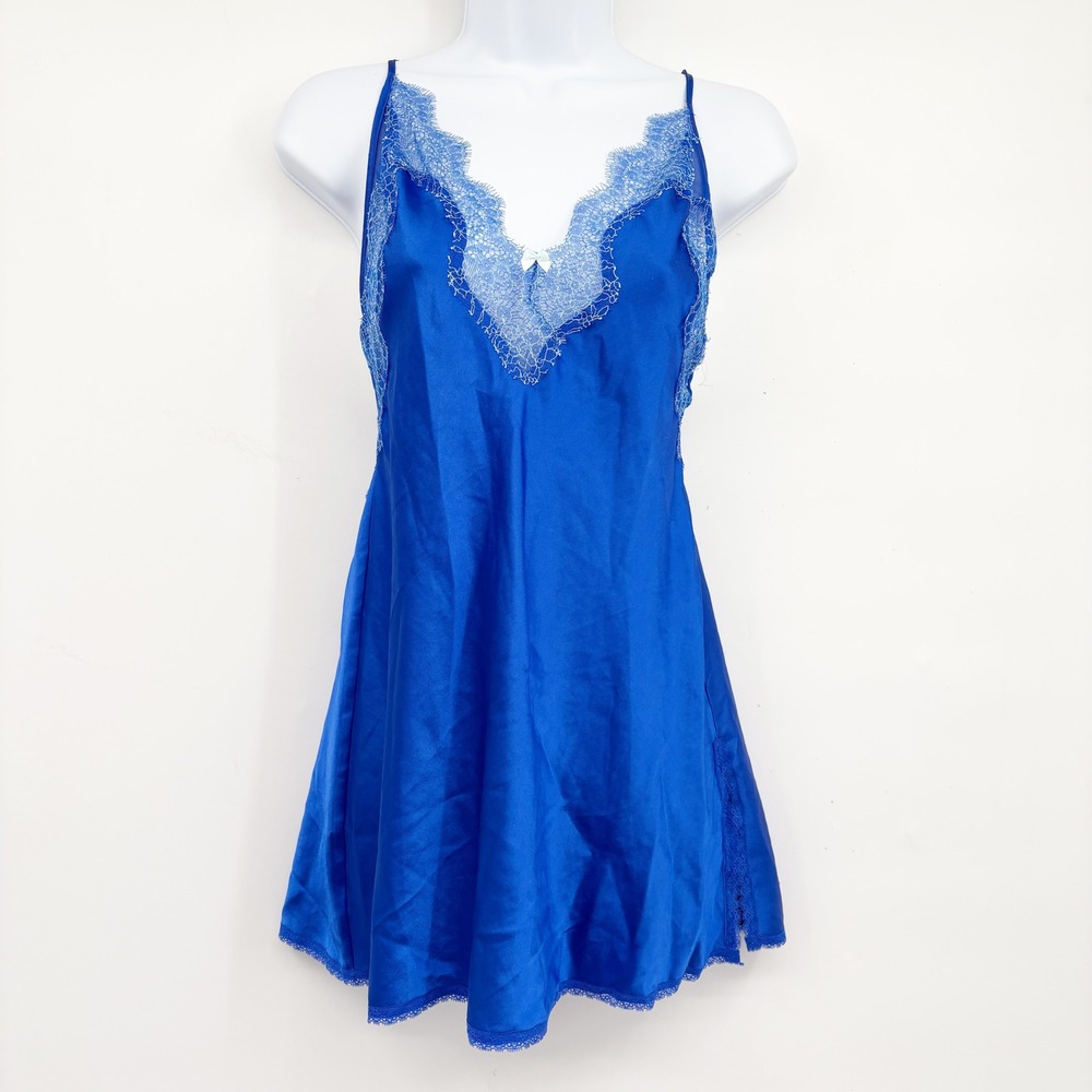 Victoria's‎ Secret Womens Blue Satin Lace Trim Romantic Coquette Slip Dress S
